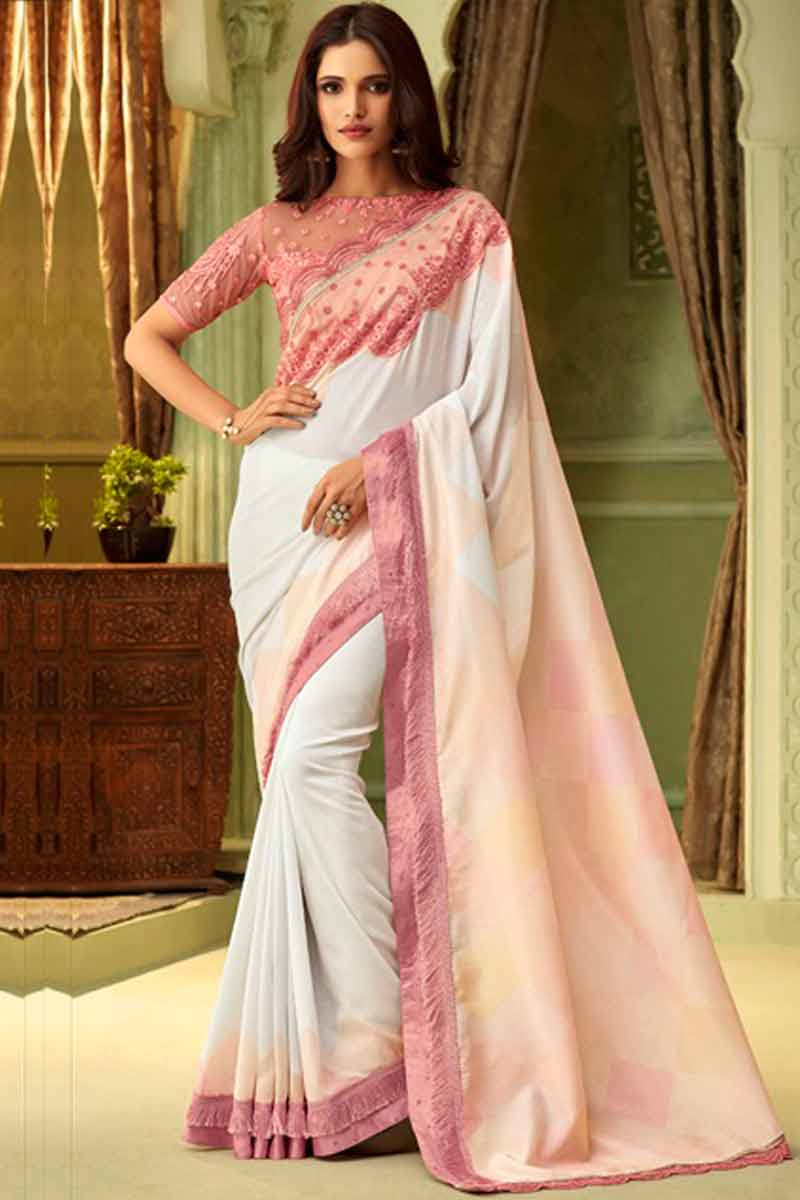 Rose Pink and White Color Silk Saree