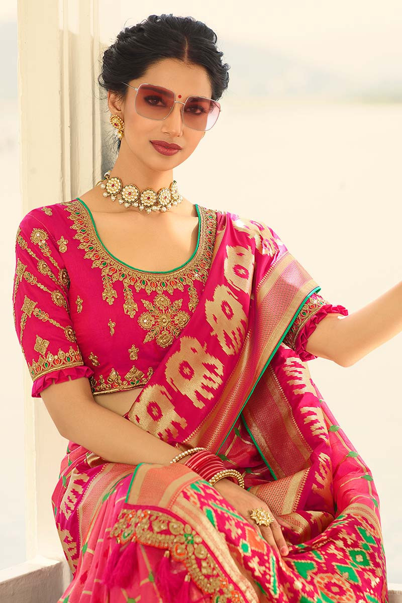 Buy Rose Pink Banarasi Silk Saree With