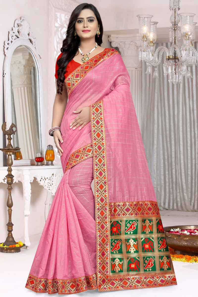 Fashion Blouses Rose Pink Chanderi Cotton Saree|SARV115514