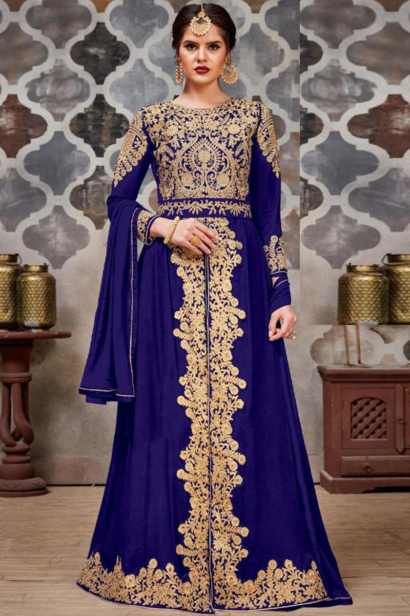 Buy Royal Blue Georgette Anarkali Suit With Dori Work Online ...