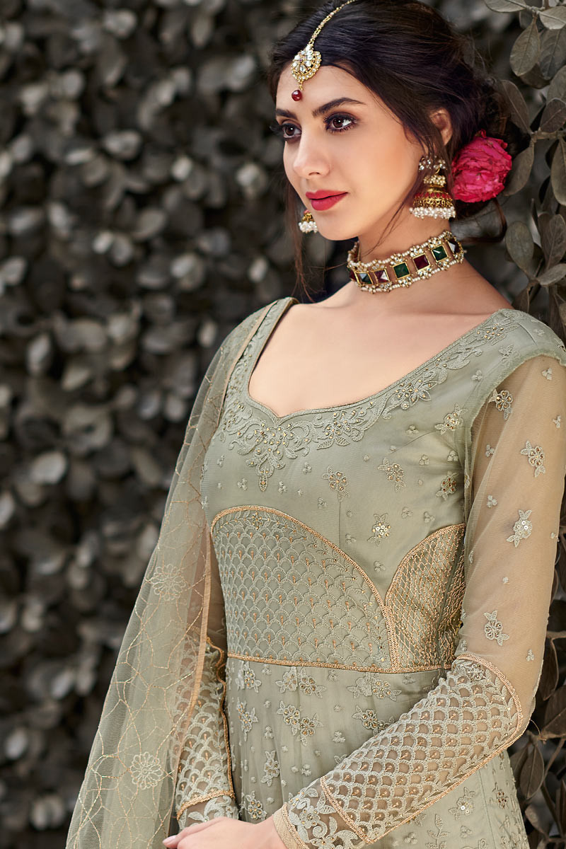 Buy Wedding Wear Net Sage Green Anarkali Suit LSTV08625