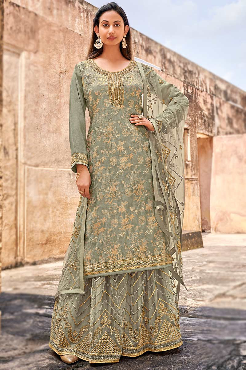 Buy Wedding Wear Silk Sage Green Sharara Suit LSTV113362