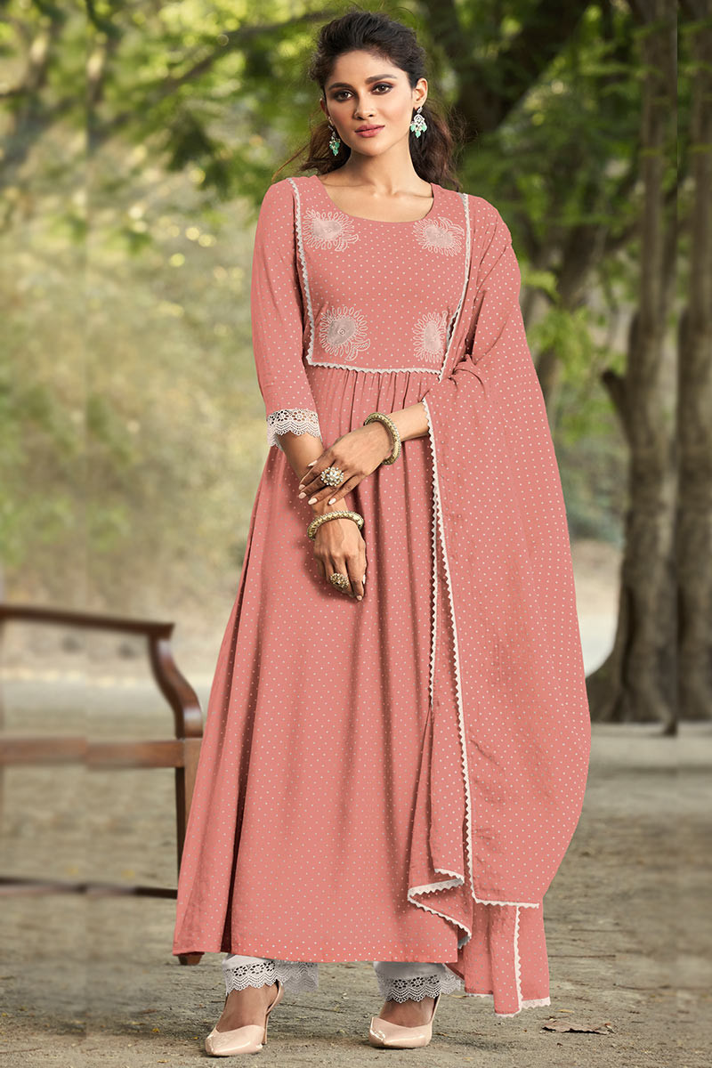 Best Seller Salmon Peach Anarkali Suit with Polka Dots LSTV112477