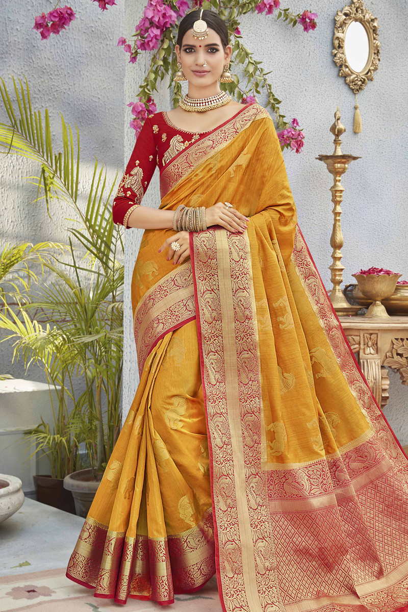 Buy Yellow Banarasi Silk Saree With Jacquard Blouse Online Sarv0221