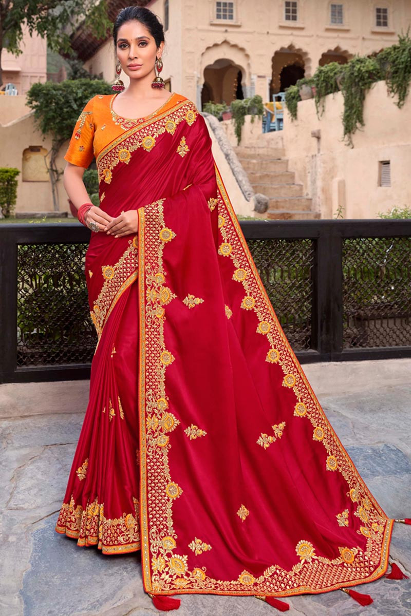 Designer Red Resham Zari Embroidery Bollywood Sari Georgette Wedding Wear Saree