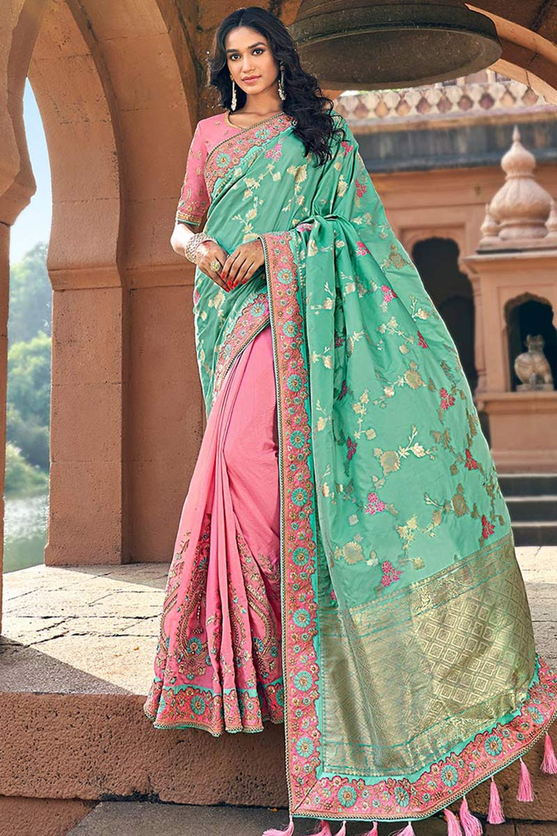 Buy Sea Green Jacquard Silk Half And Half Saree Online Sarv Andaaz Fashion