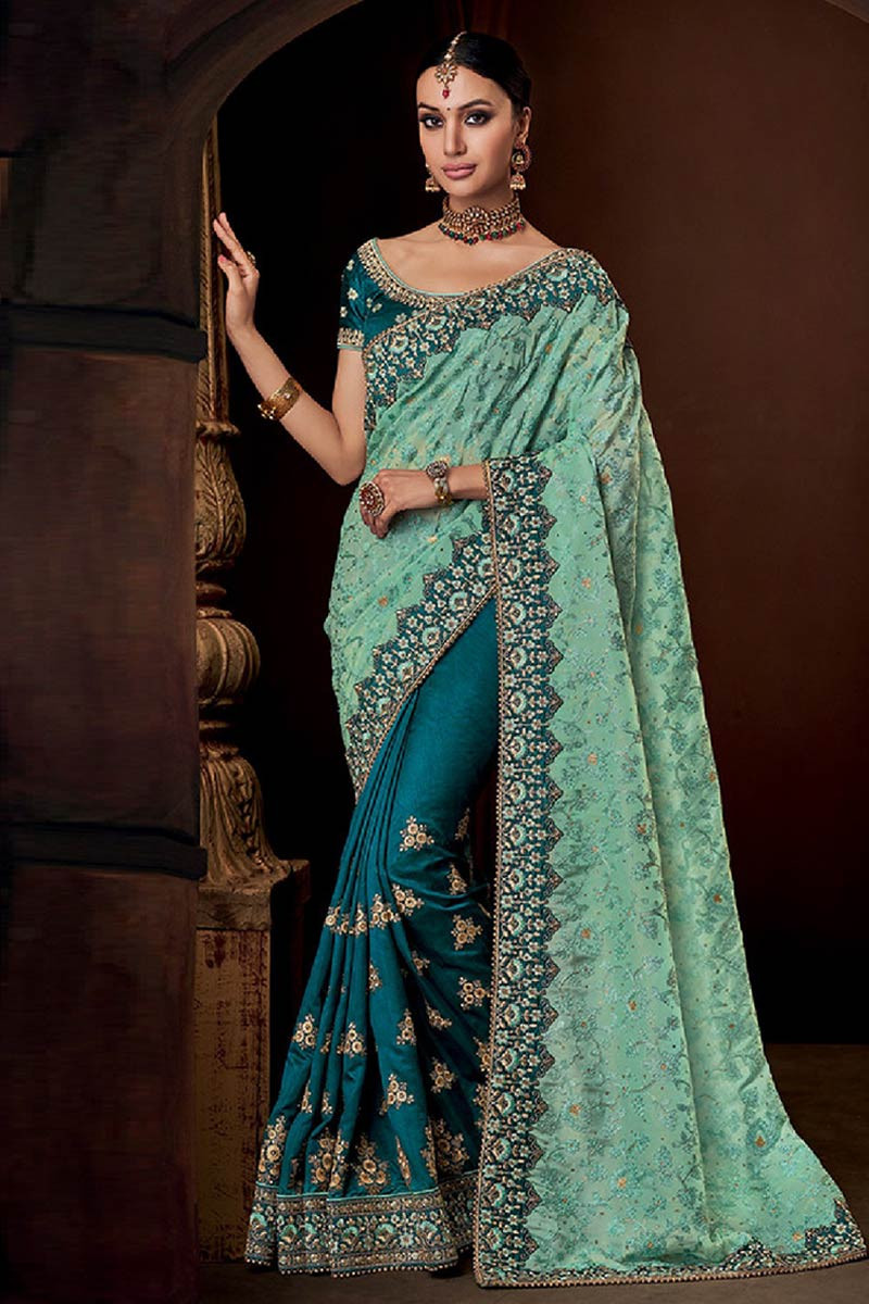 Buy Sea Green Silk Saree With Raw Silk Blouse Online - SARV02596 ...