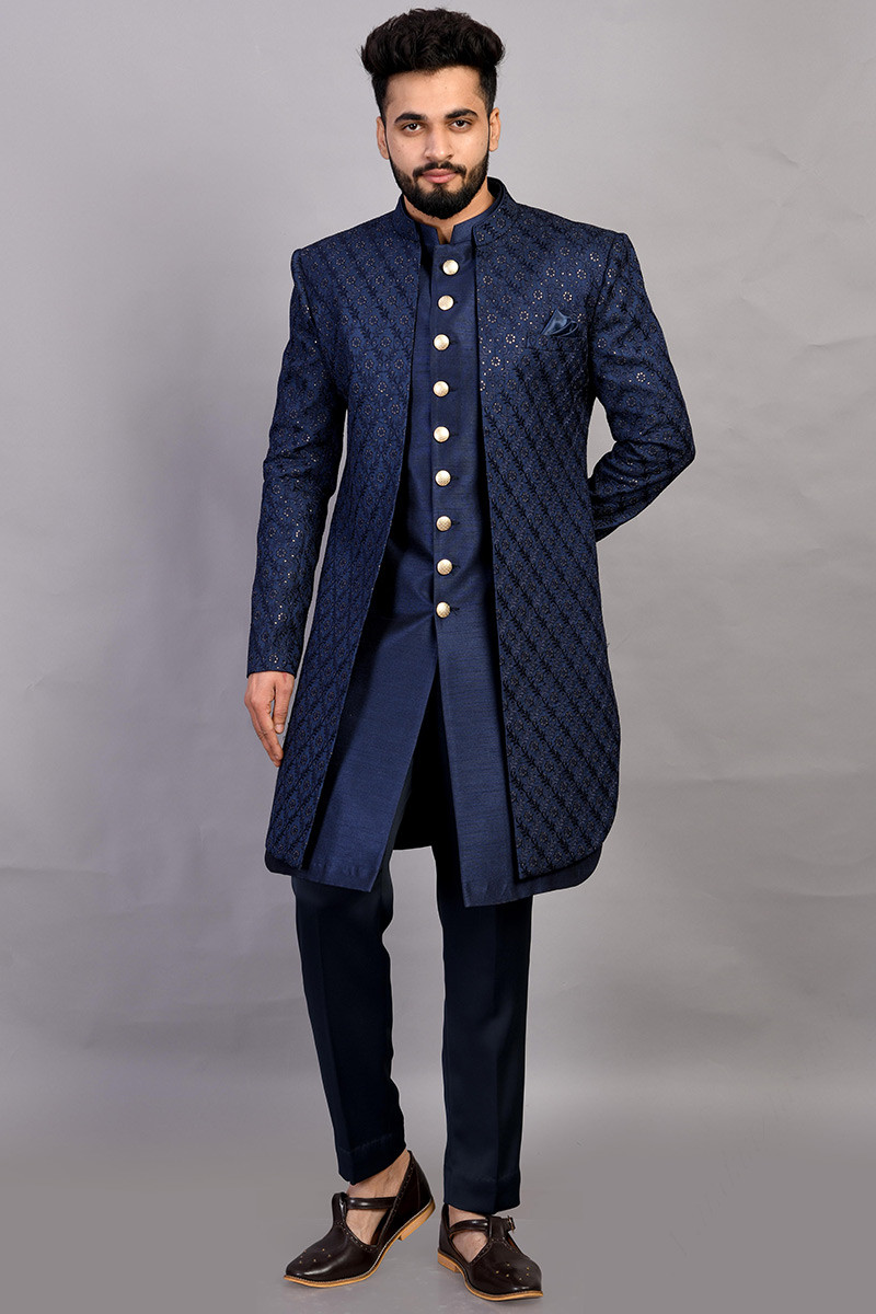 Best Price Men Sherwani in Navy Blue Embroidered Fabric MSTV0945