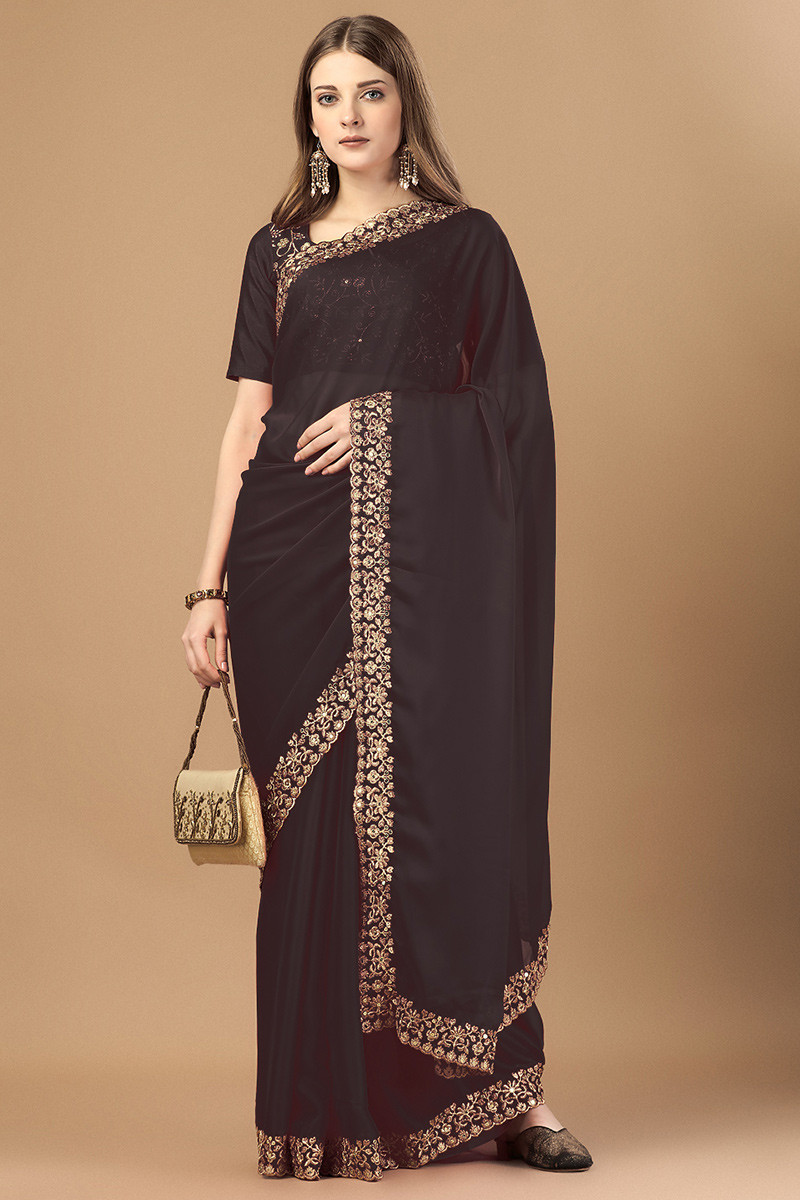 Party Wear Black and Grey color Georgette fabric Saree : 1882943