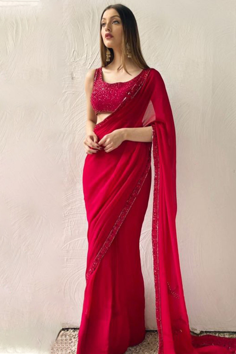 Designer Clothes Sequins Embroidered Chiffon Red Saree|SARV119956