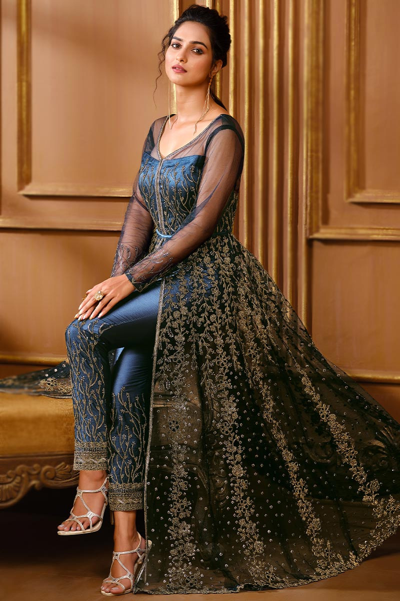 Lowest Price Pakistani Anarkali Suit in Bluish Grey Embroidered ...