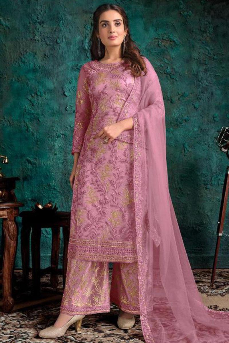 Andaaz Fashion Sequins Embroidered Net Plum Purple Trouser Suit | Salwar Kameez
