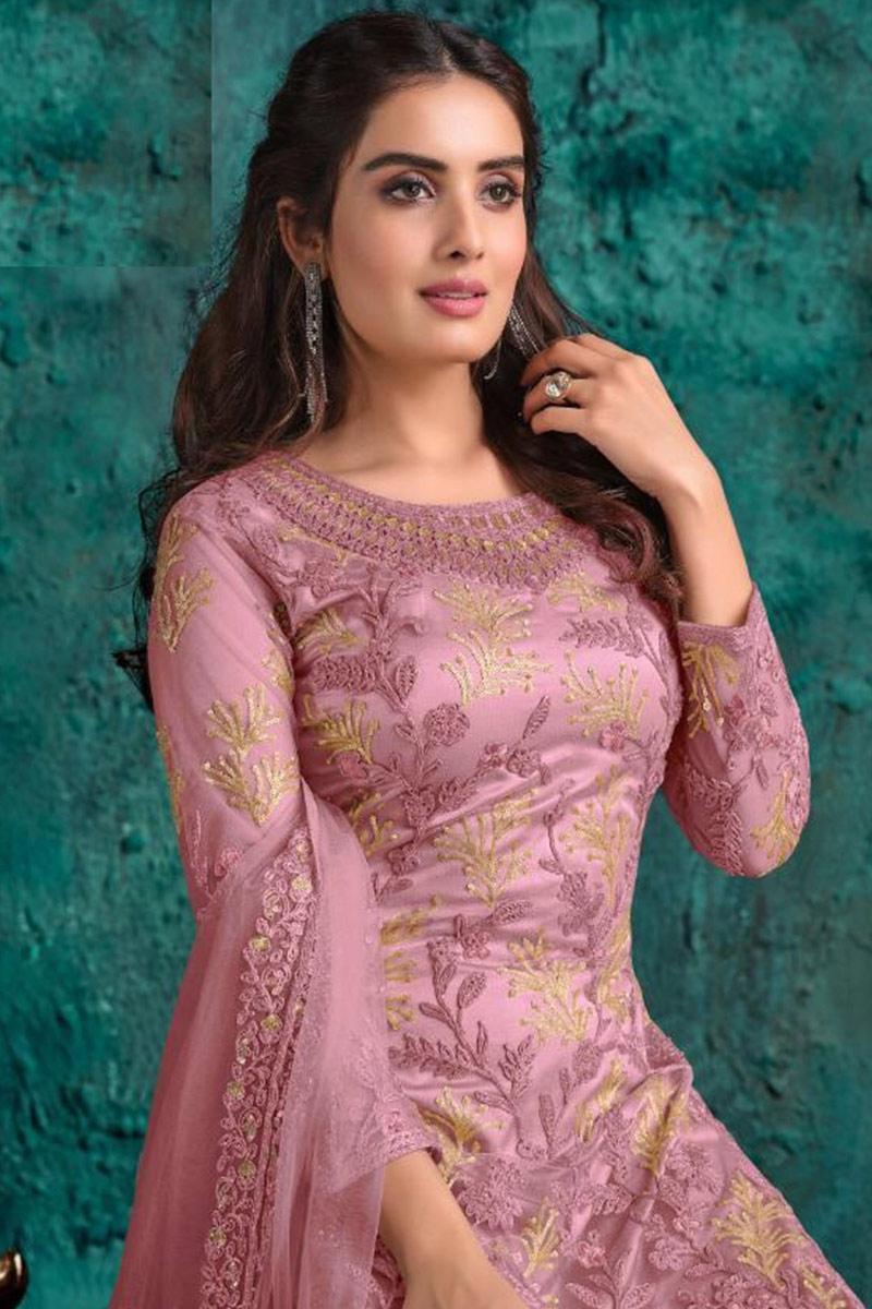 Andaaz Fashion Sequins Embroidered Net Plum Purple Trouser Suit | Salwar Kameez