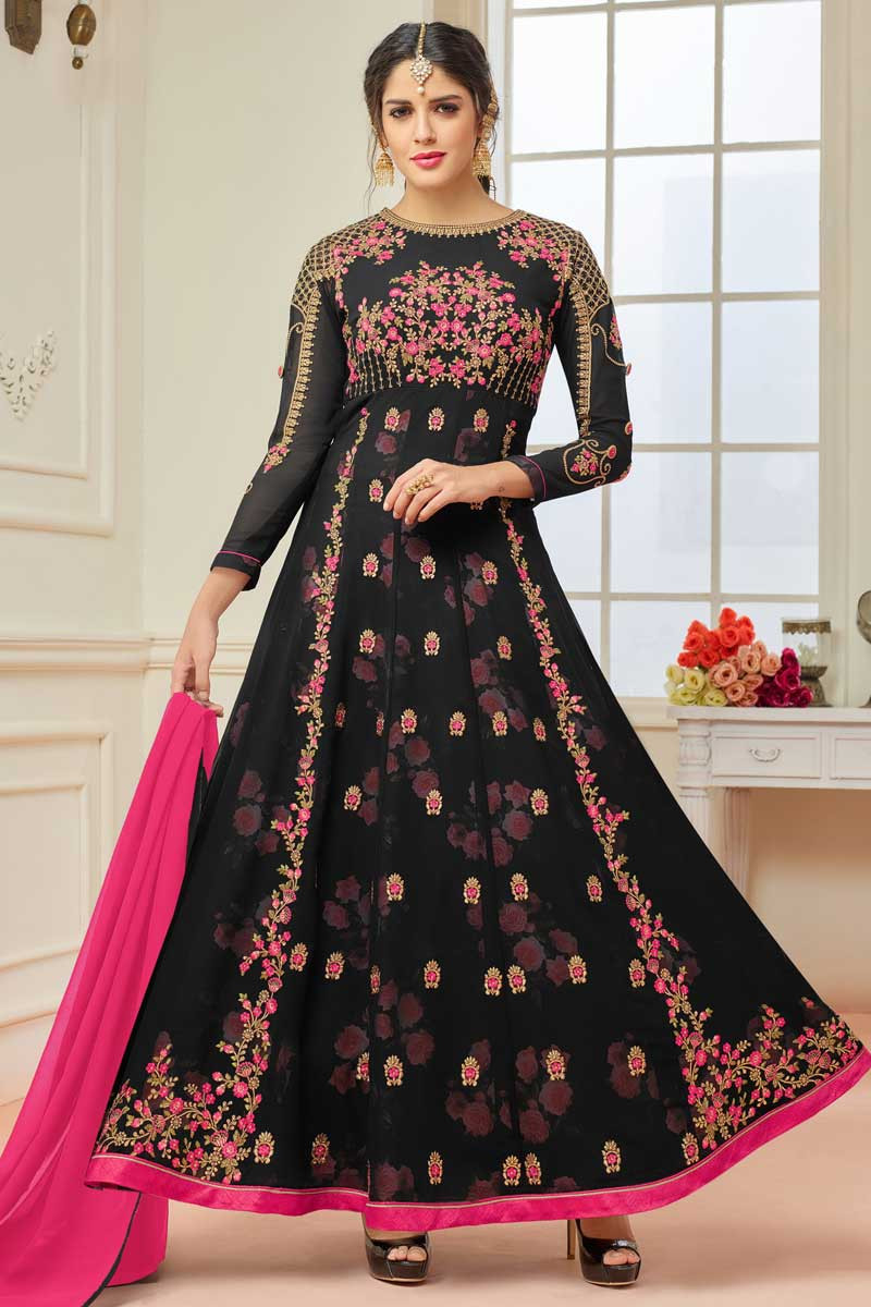 Buy Lovely Faux Georgette Anarkali Suit In Raisin Black Color Online ...