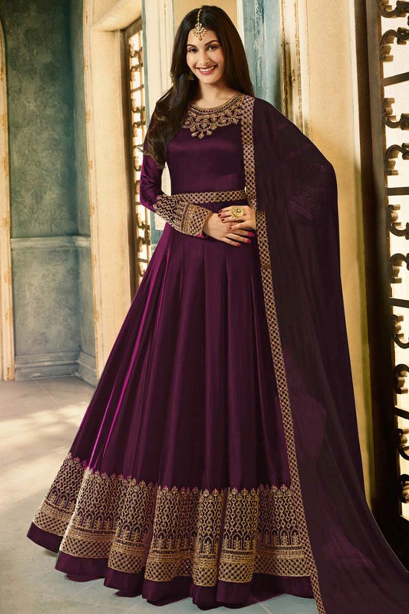 Buy Silk Anarkali Suit In Plum Purple Color Online