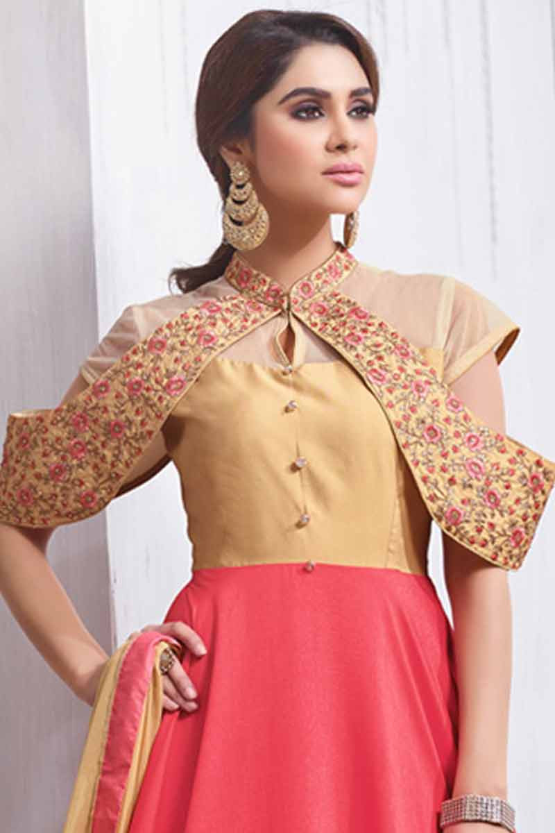 Buy Silk Embroidered Anarkali Suit In Beige And Pink Color Online ...