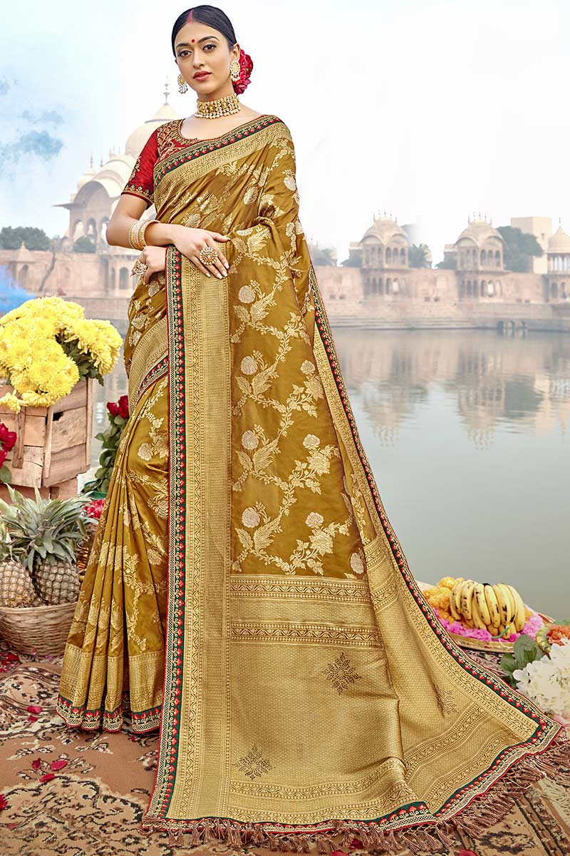 V146 Bollywood Sari Saree /& Blouse Party Wear Olive Green Woven Raw Silk