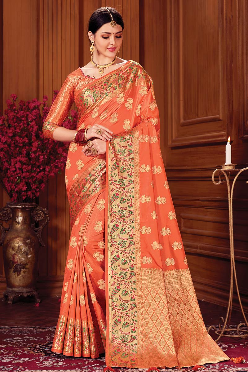 orange party wear saree