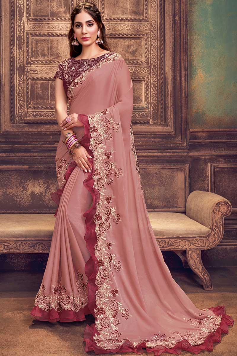 Pink Banarasi Silk Party Wear Saree | Latest Kurti Designs