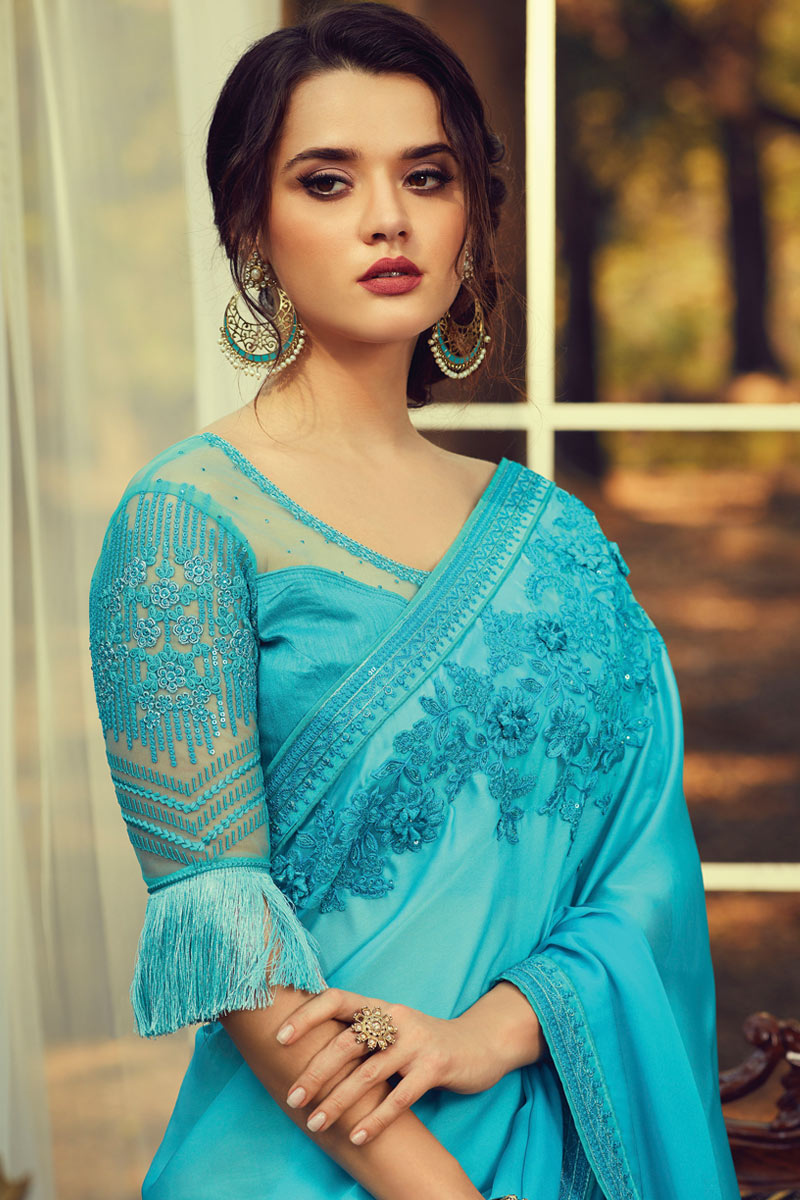 Sky blue party wear sarees Clearance