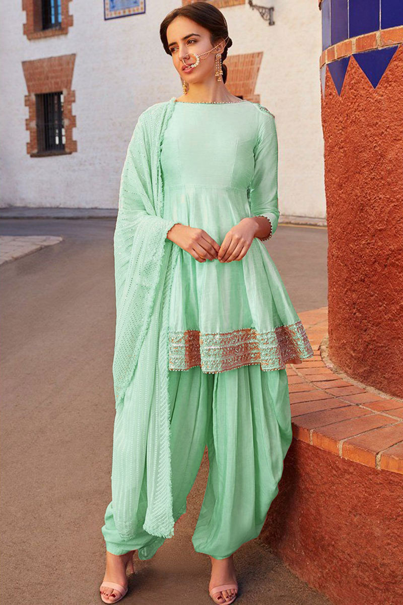 Buy Silk Peplum Style Punjabi Suit In Mint Green Colour Online ...