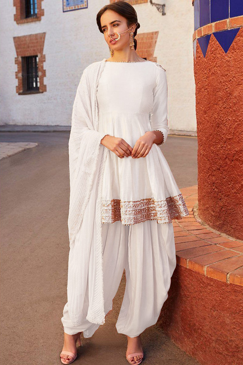 Buy Silk Peplum Style Punjabi Suit In White Colour Online ...