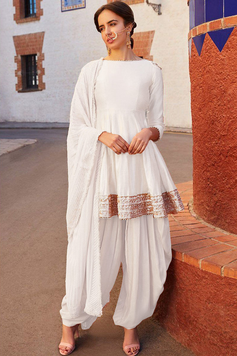 Silk Peplum Style Punjabi Suit In White Colour for Eid