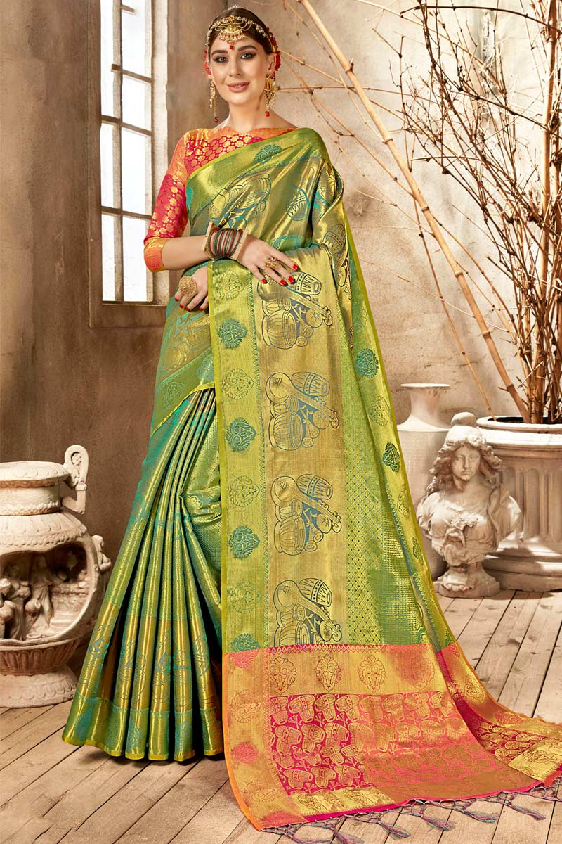 off white and green silk saree