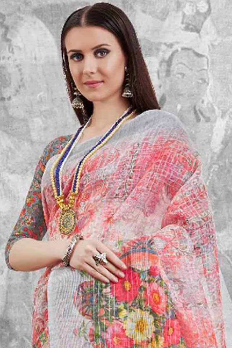 Buy Silver Grey And Deep Pink Orange Cotton Saree With Cotton