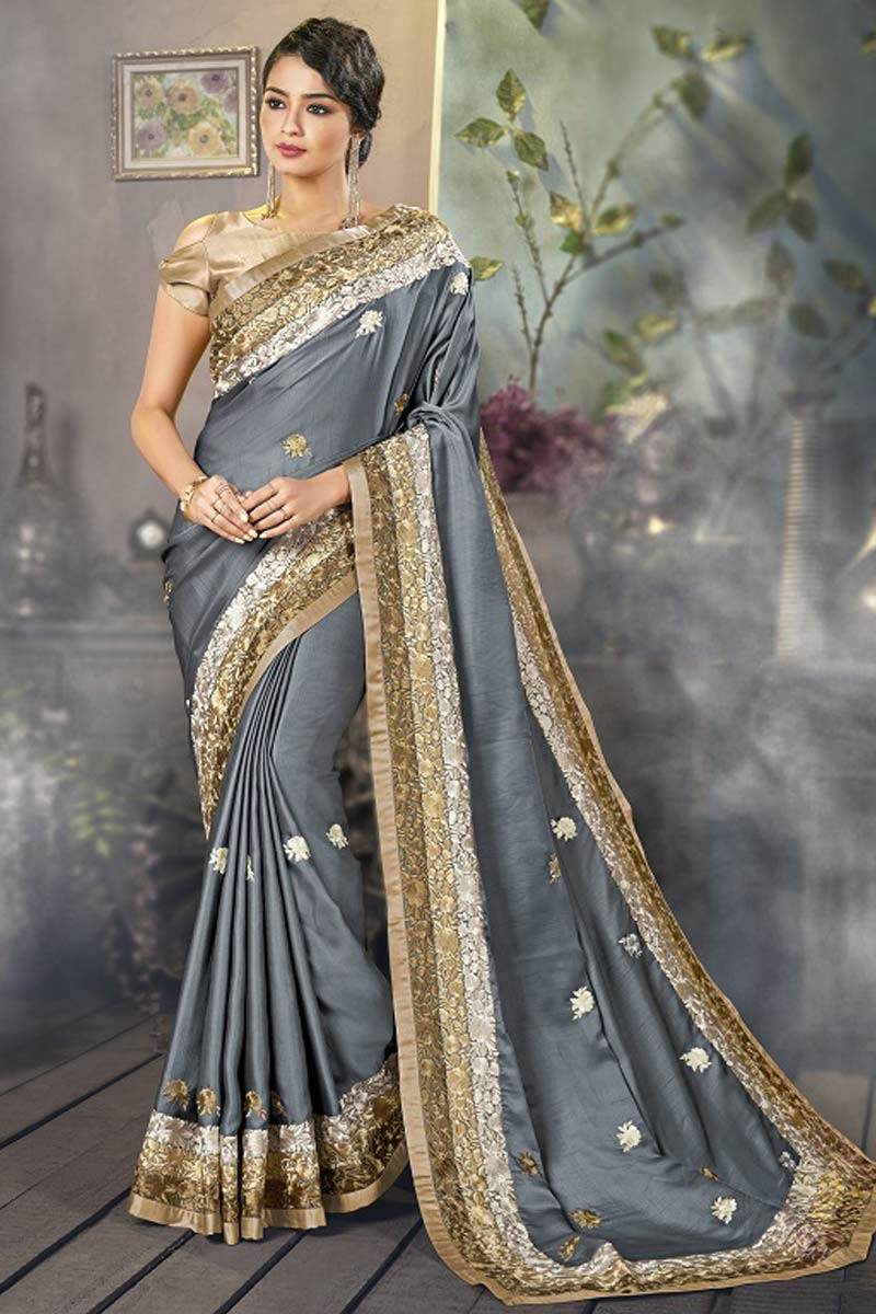 Silver plain silk saree with blouse - Hirvanti Fashion - 3000055