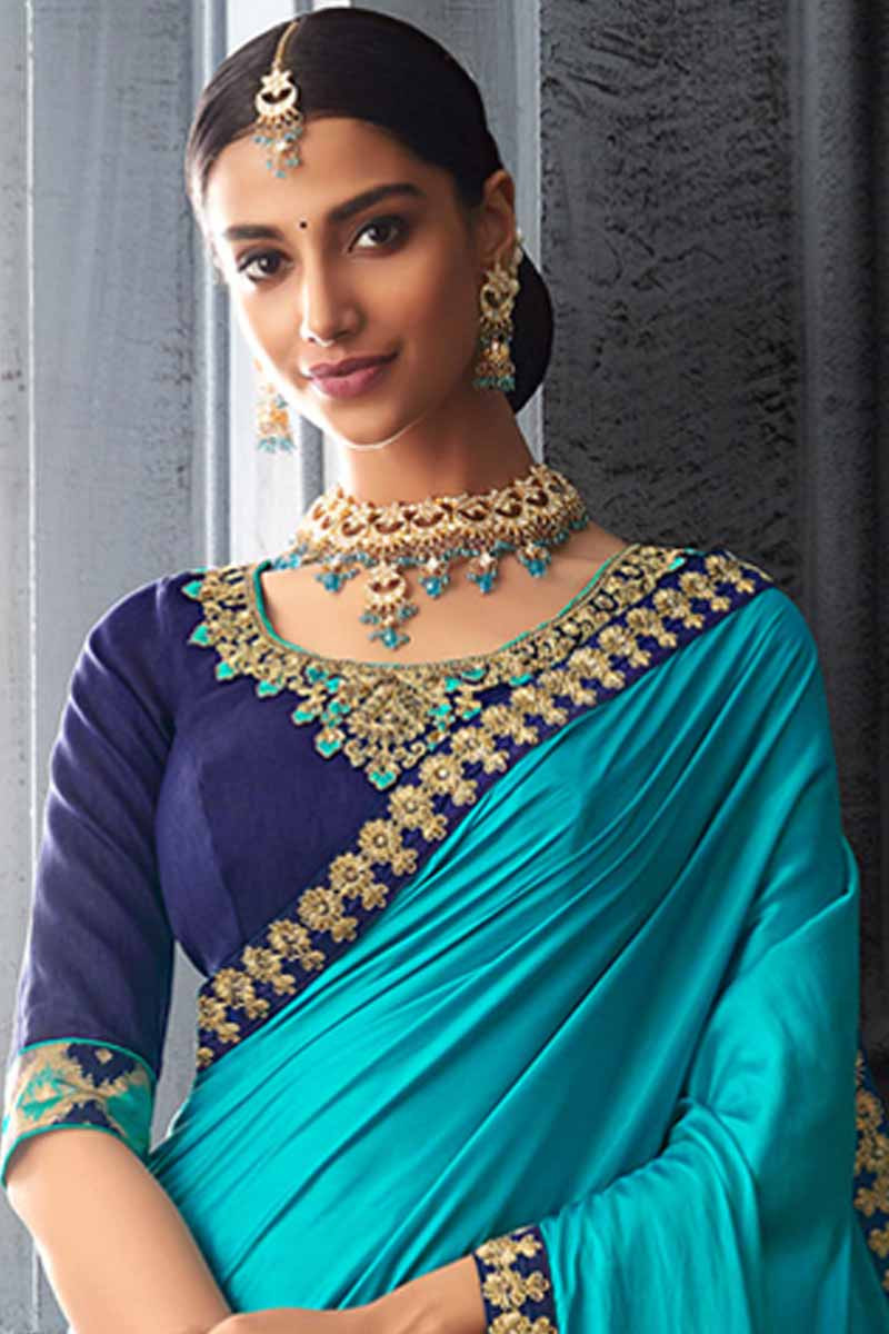 Buy Blue Saree With Ready Made Blouse From Ethnic Plus