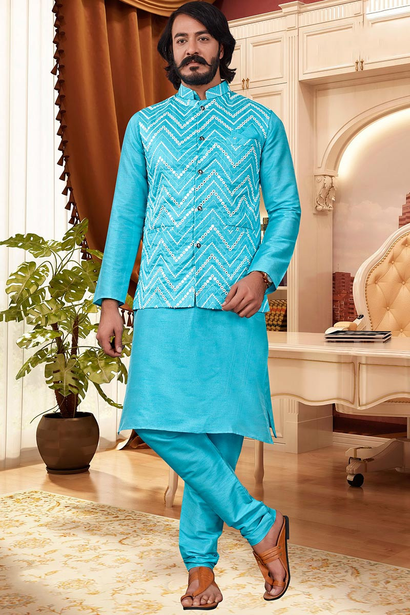 Evening Wear Men's Kurta Pajama in Sky Blue Plain Fabric MKPA01602