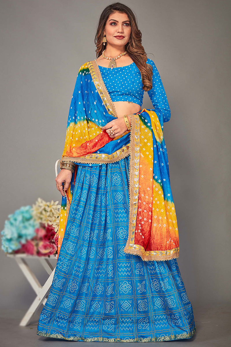 Yellow Bandhani print Silk Semi-Stitched Lehenga & Unstitched Blouse With  Dupatta - Panchhi Fashion - 3664653