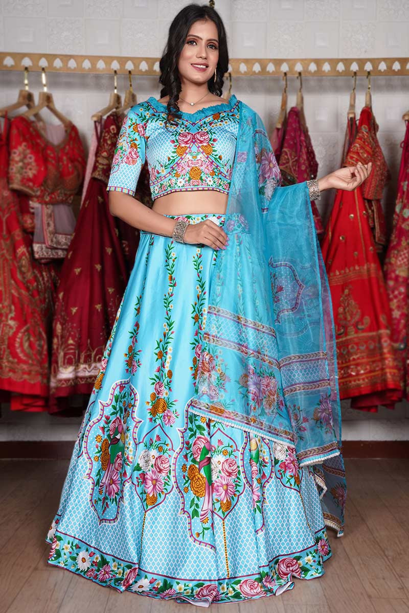 Teal Blue Color Printed Party Wear Lehenga