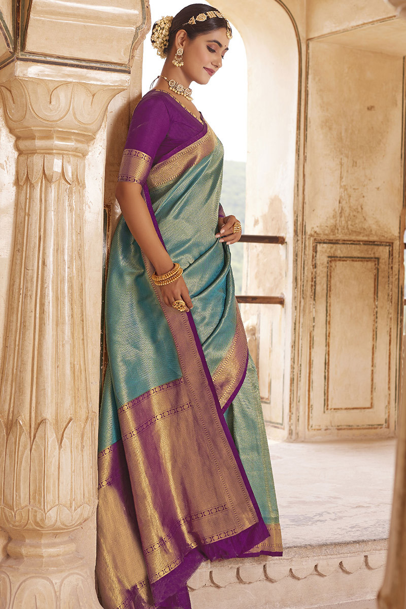 Teal Blue Satin Georgette Fancy Saree Online | Colorauction