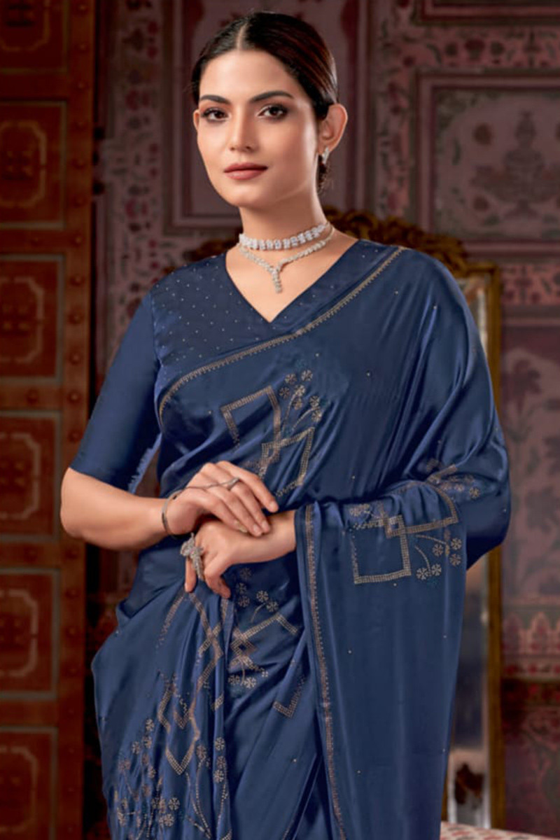 Powder Blue Stitched Ready To Wear Saree With Stone Studded Blouse