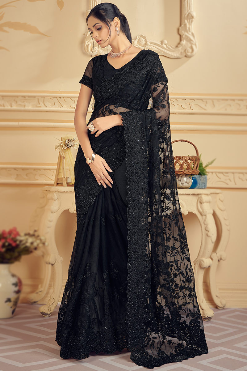 Black Net Saree With Embroidery Scalloping – Swtantra, 40% OFF