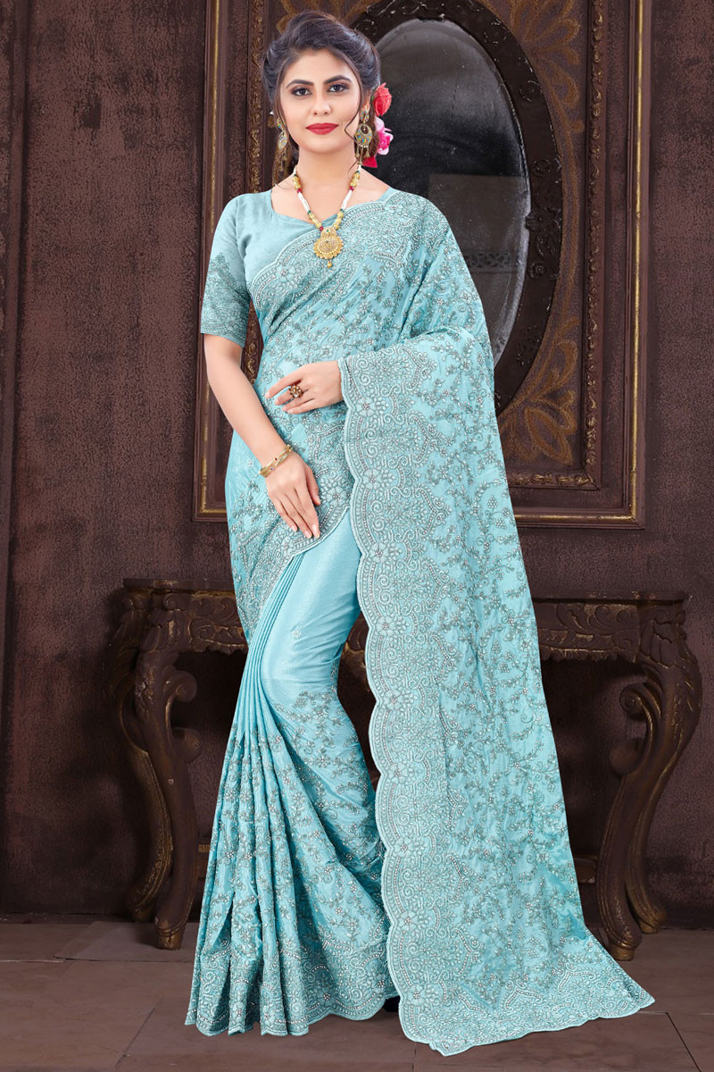 Buy Gorgeous Stone Work Embroidered Chinnon Sky Blue Saree ...