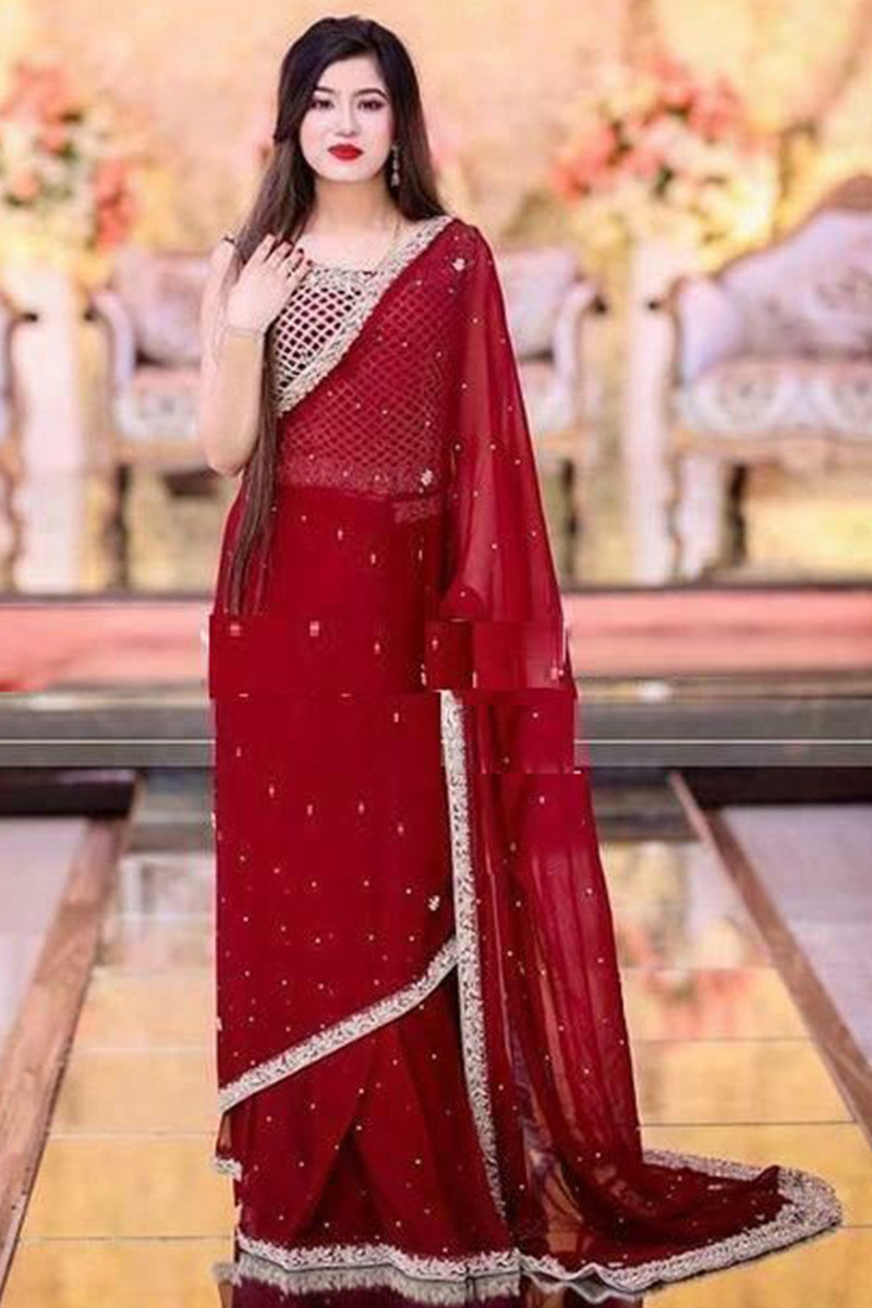 Diamond Work Red Saree | Party Wear Red Silk Saree
