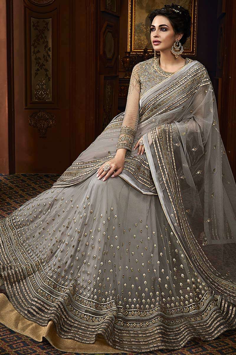 Grey Anarkali style Gown Soft Net