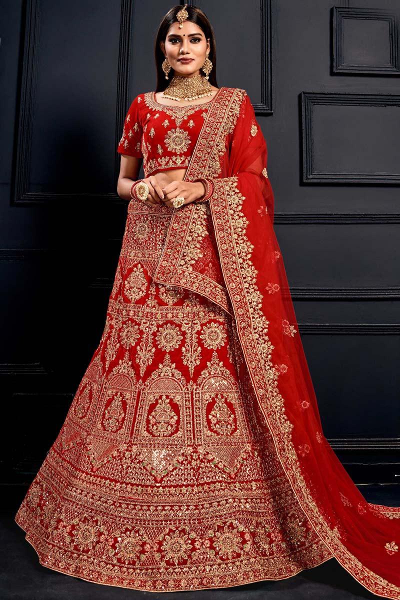 Grab The Stylish Red Lehenga With Aari Work Work Llcv08418 This thread craft is generally done on natural fabrics with tight weaves. andaaz fashion