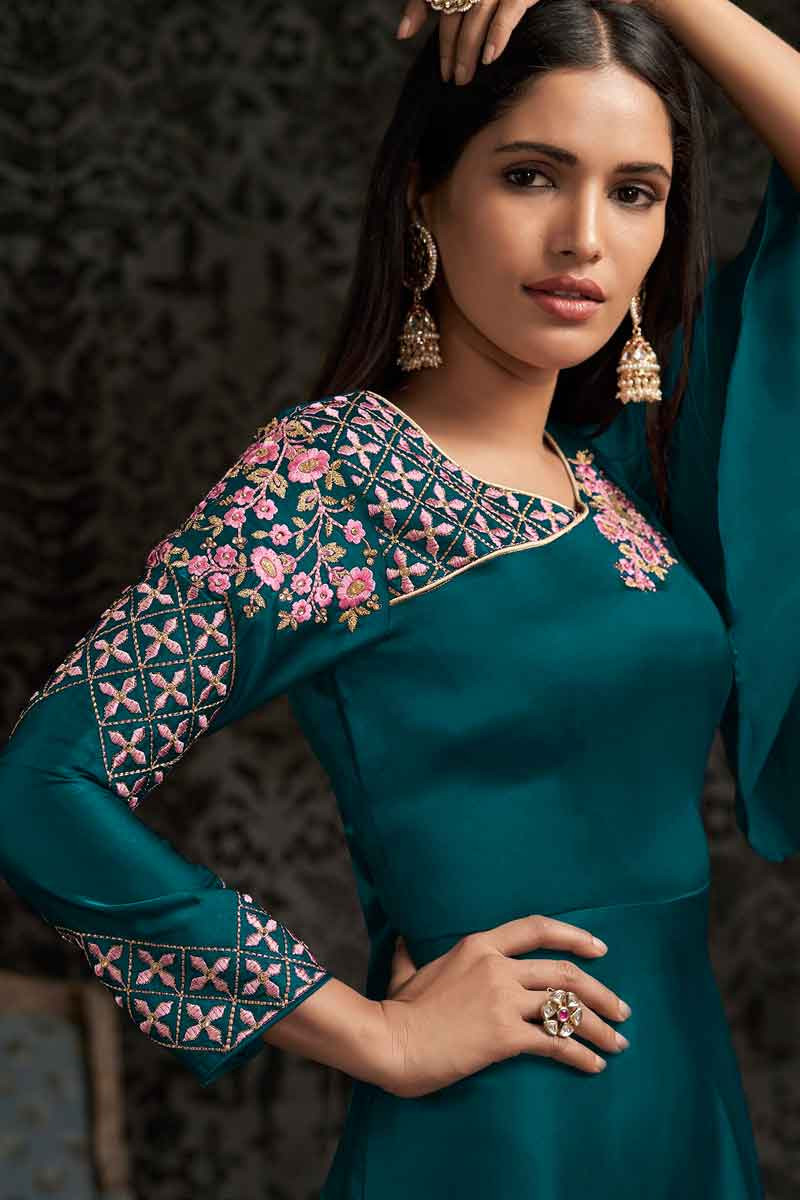 Buy Teal Green Silk Embroidered Party Wear Gown Online - LSTV03459 ...