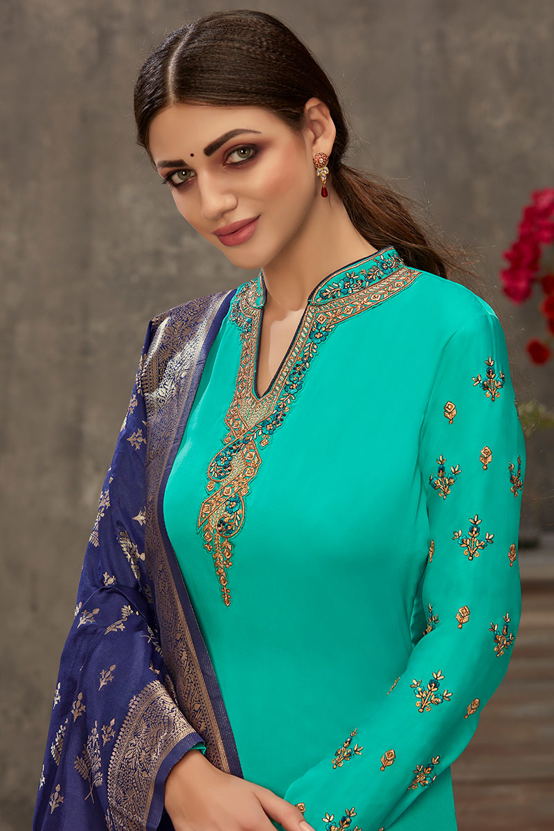 Festival Attire Turquoise Green Trouser Suit with Resham Work LSTV118513