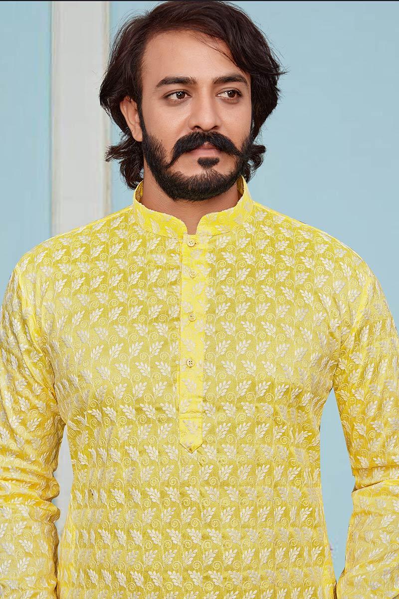 Art Silk Yellow Men Kurta Pajama MKPA0880