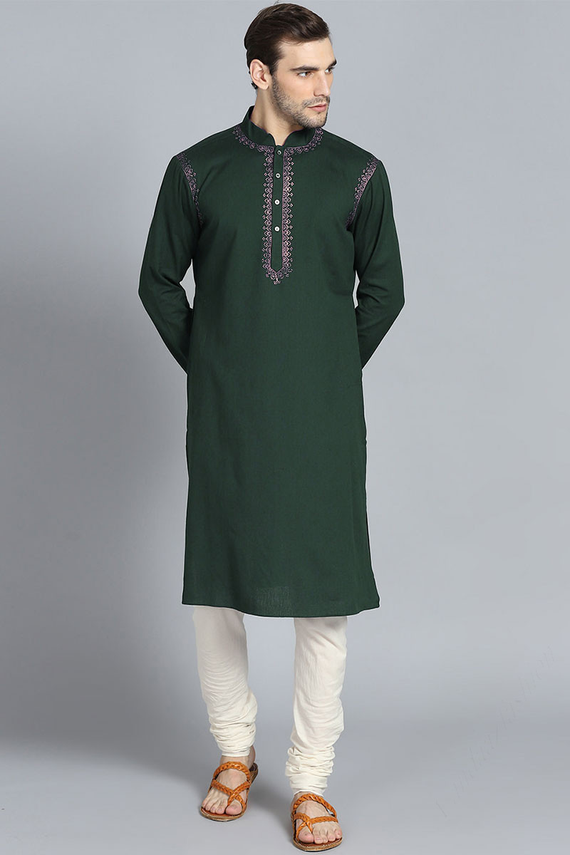 Shop Men's Mehendi Green & White Cotton Kurta Pyjama | Vastramay – vastramay