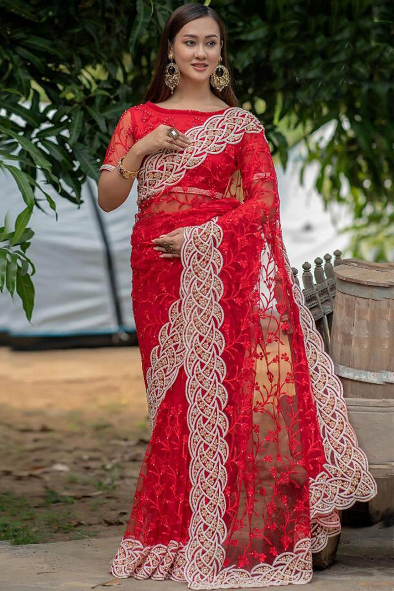 Buy Latest Embroidered Net Red Saree With Pearl Work|SARV114299
