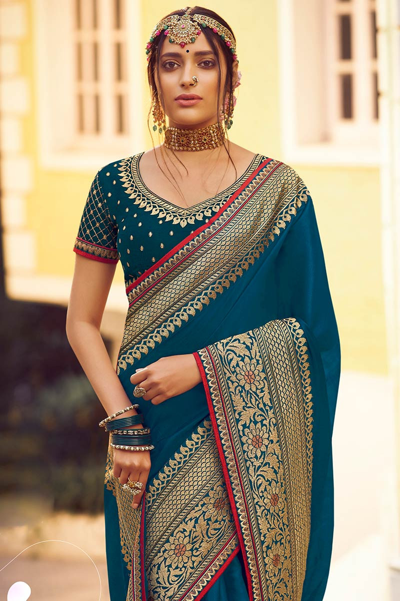 Buy Traditional Silk Wedding Wear Saree In Teal Blue Color Online ...