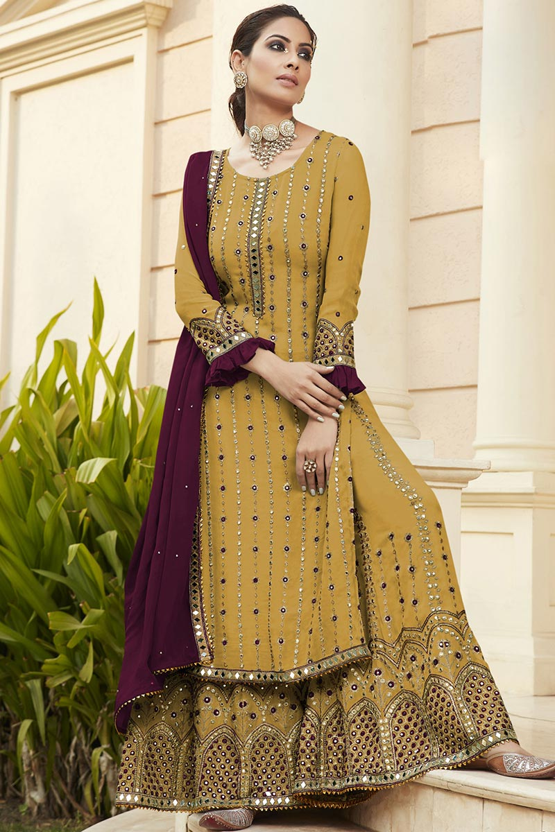 Step Out in Style Trombone Yellow Sharara Suit With Zari Work LSTV111628