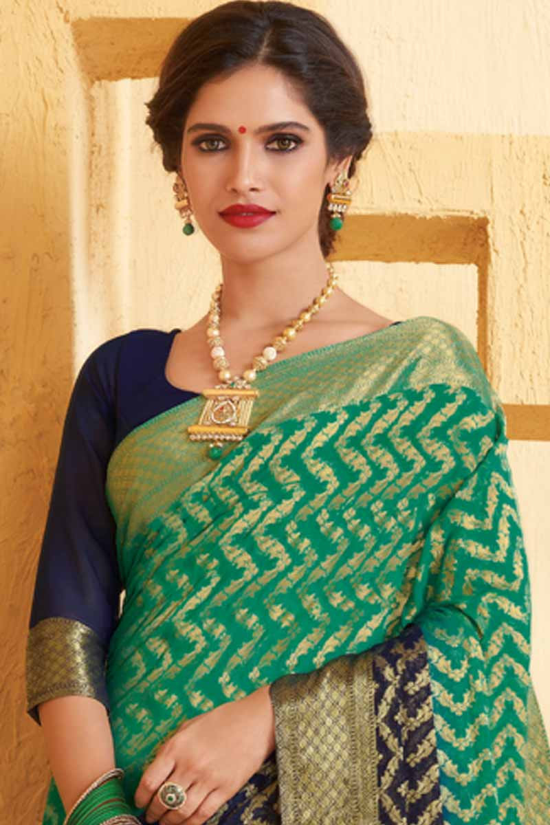 Buy Turqouish Green Chiffon Saree With Cotton Blouse Online - SARV02209 ...