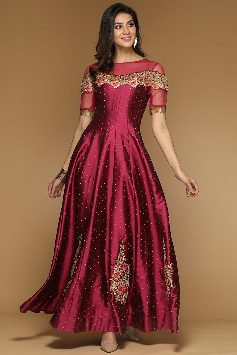 Buy Dream Red Taffeta Silk Embroidered Anarkali Suit Online - 1979 | Andaaz  Fashion